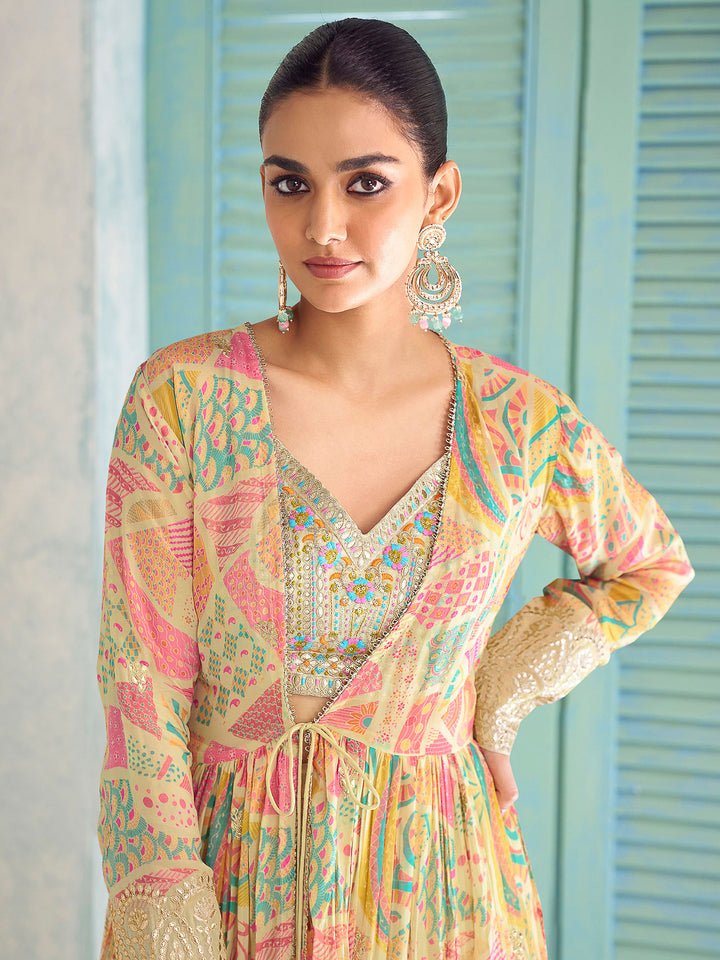 Beige-Multi Chinon Embroidered Blouse With Palazzo &amp; Dupatta