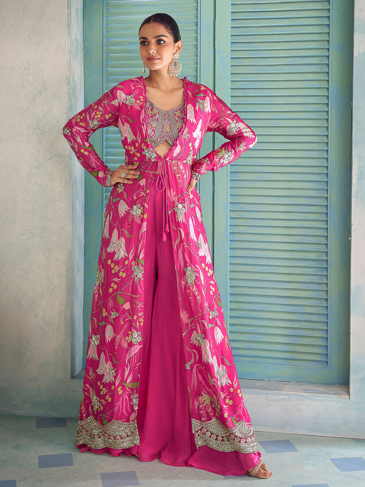 Fuschia Pink Chinon Embroidered Blouse With Palazzo &amp; Dupatta