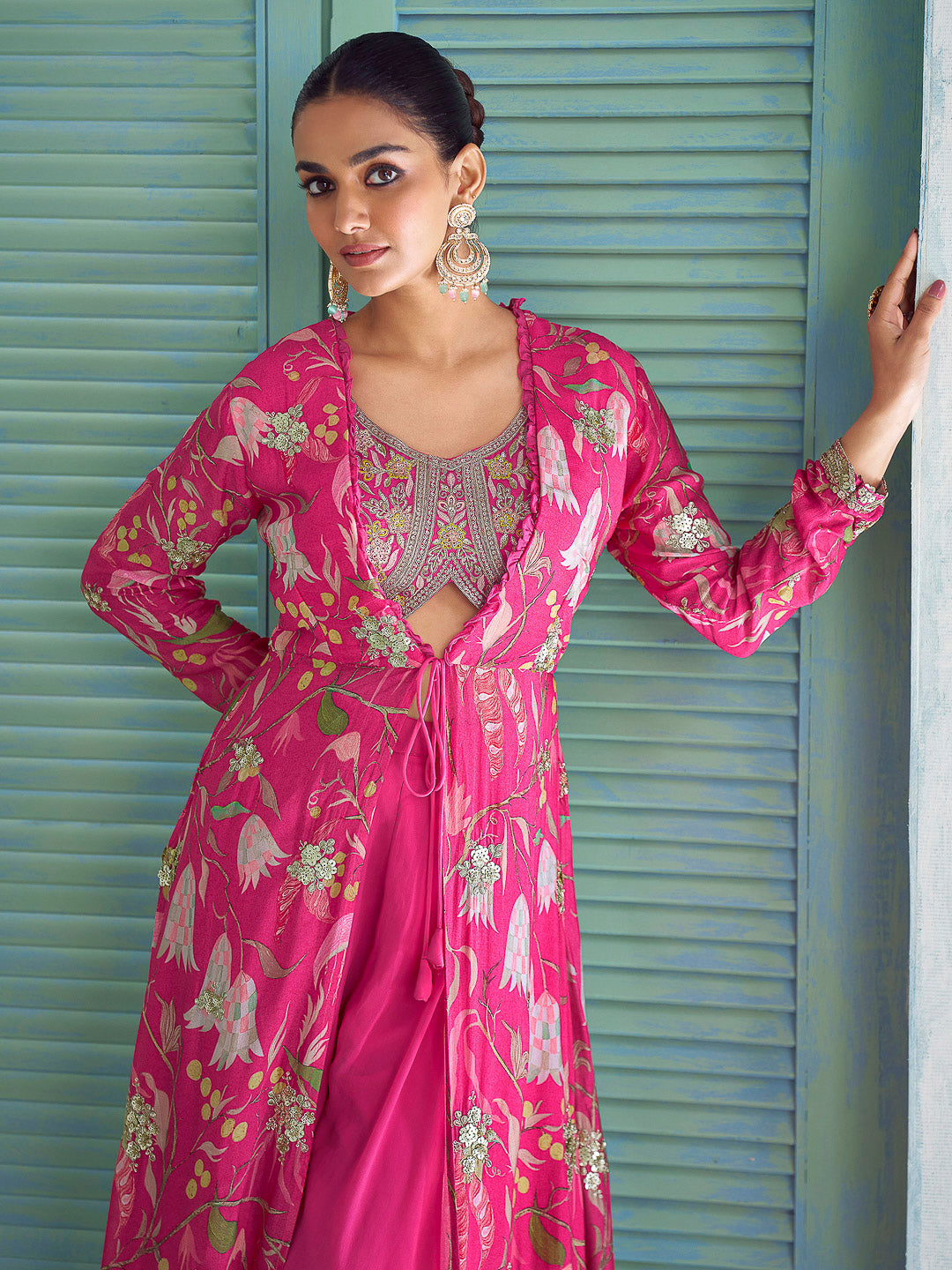 Fuschia Pink Chinon Embroidered Blouse With Palazzo &amp; Dupatta