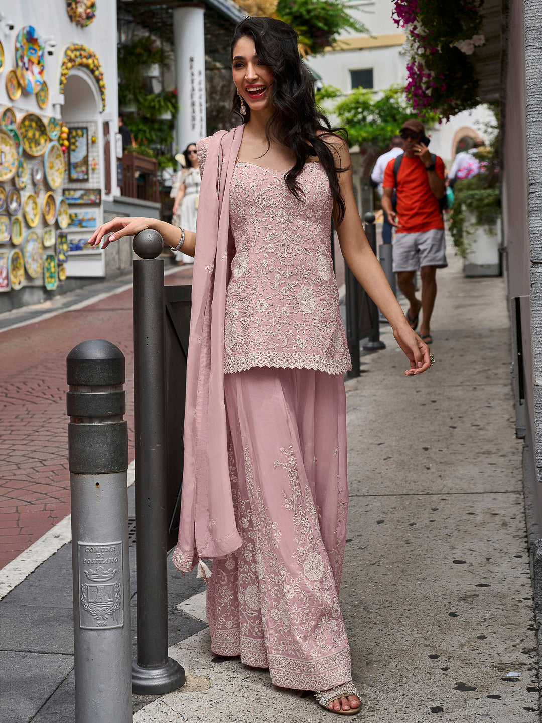 Pink Art Silk Embroidered Short Kurta With Palazzo &amp; Dupatta