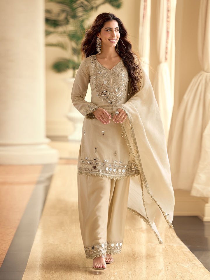 Cream Art Silk Embroidered Semi Stitched Kurta With Pant &amp; Dupatta