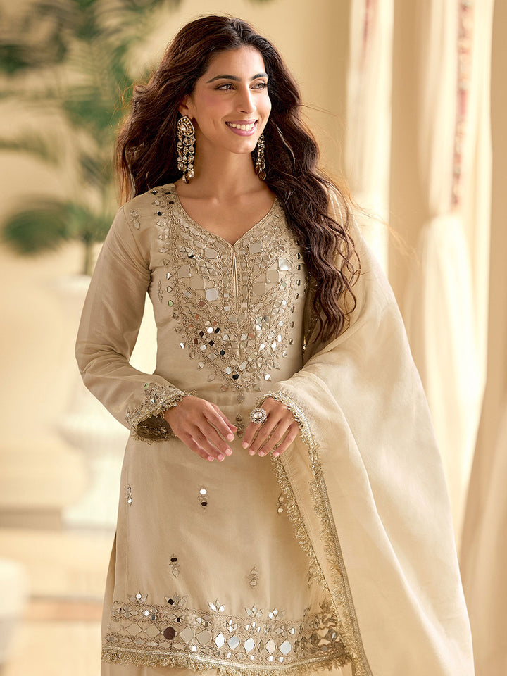 Cream Art Silk Embroidered Semi Stitched Kurta With Pant &amp; Dupatta