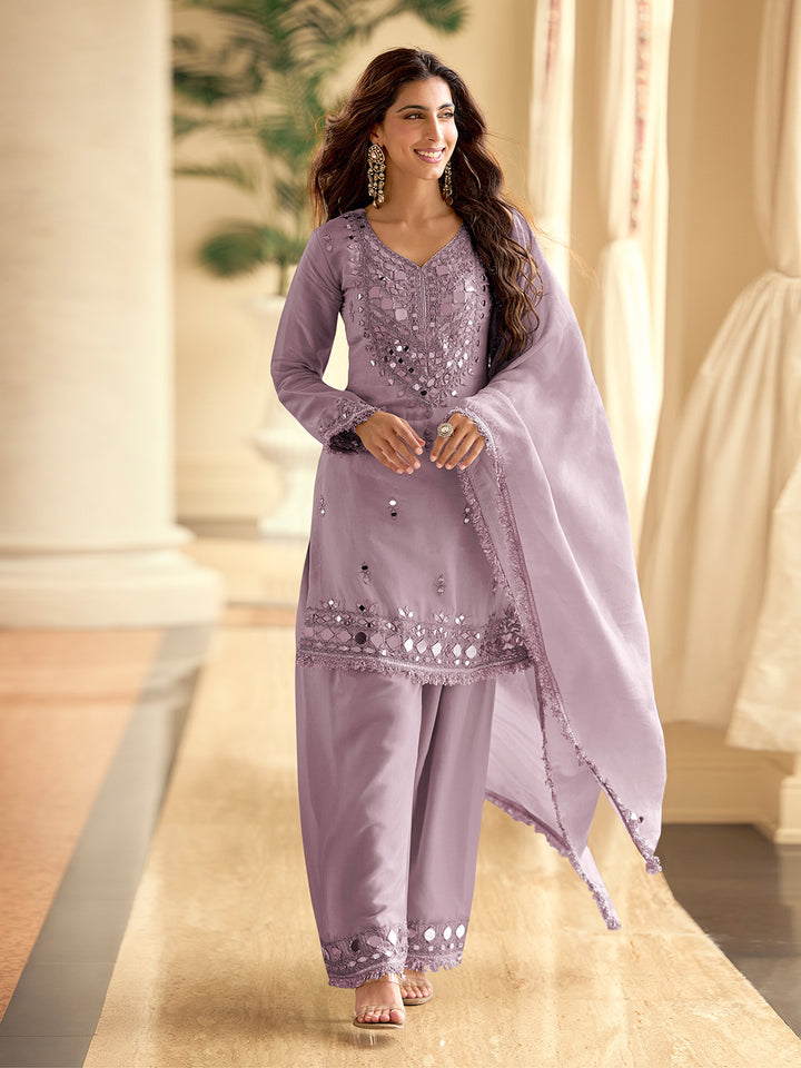 Purple Art Silk Embroidered Semi Stitched Kurta With Pant &amp; Dupatta