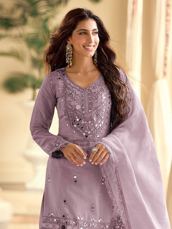 Purple Art Silk Embroidered Semi Stitched Kurta With Pant &amp; Dupatta