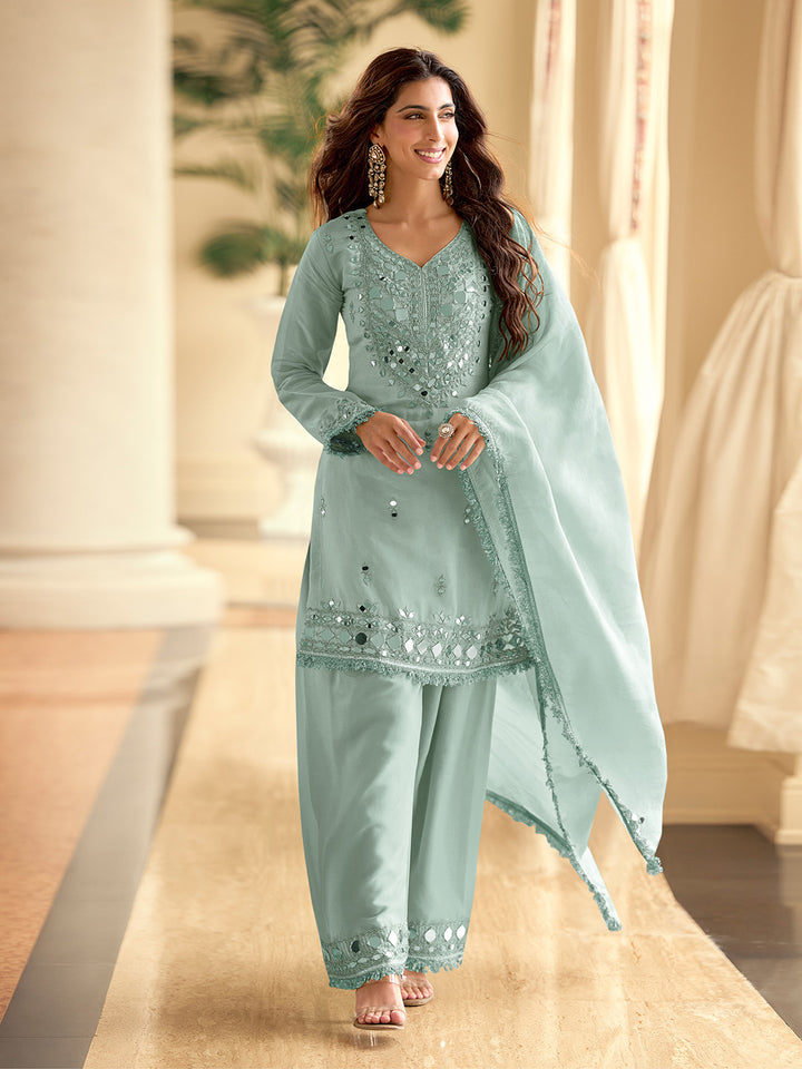 Sky Blue Art Silk Embroidered Semi Stitched Kurta With Pant &amp; Dupatta