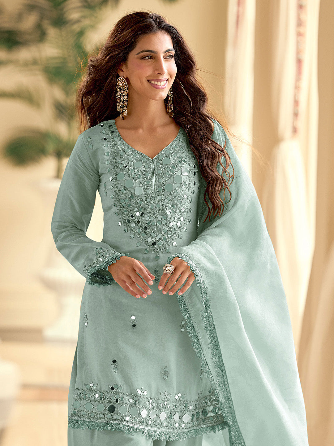 Sky Blue Art Silk Embroidered Semi Stitched Kurta With Pant &amp; Dupatta