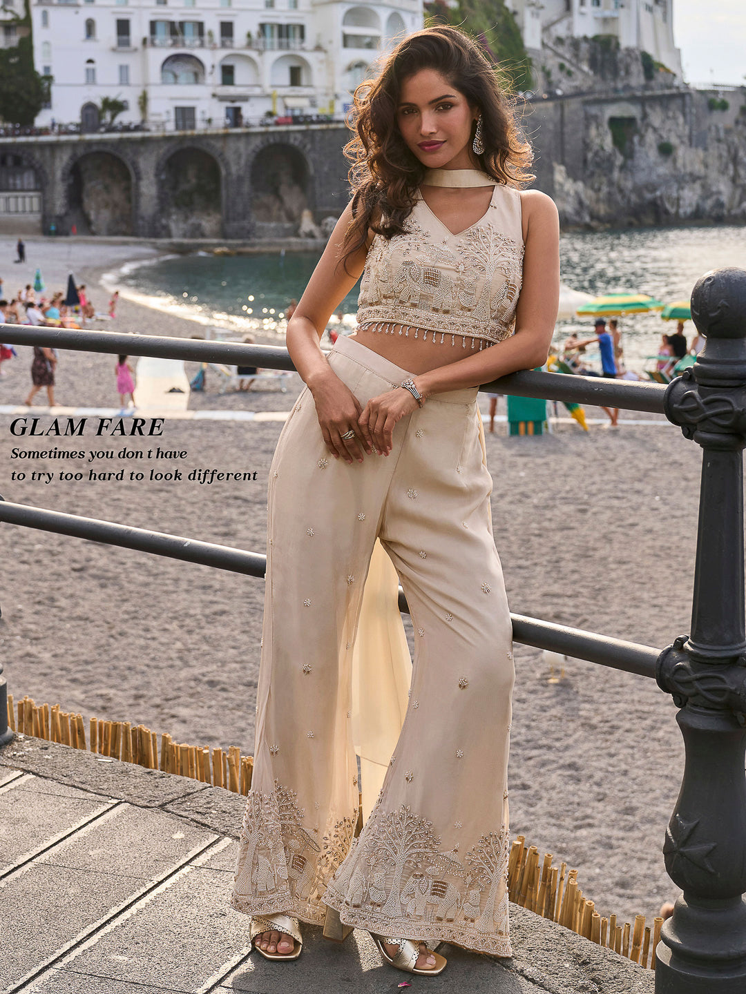 Beige Chinon Embroidered Flared Wide-Leg Palazzo With Crop Blouse &amp; Dupatta