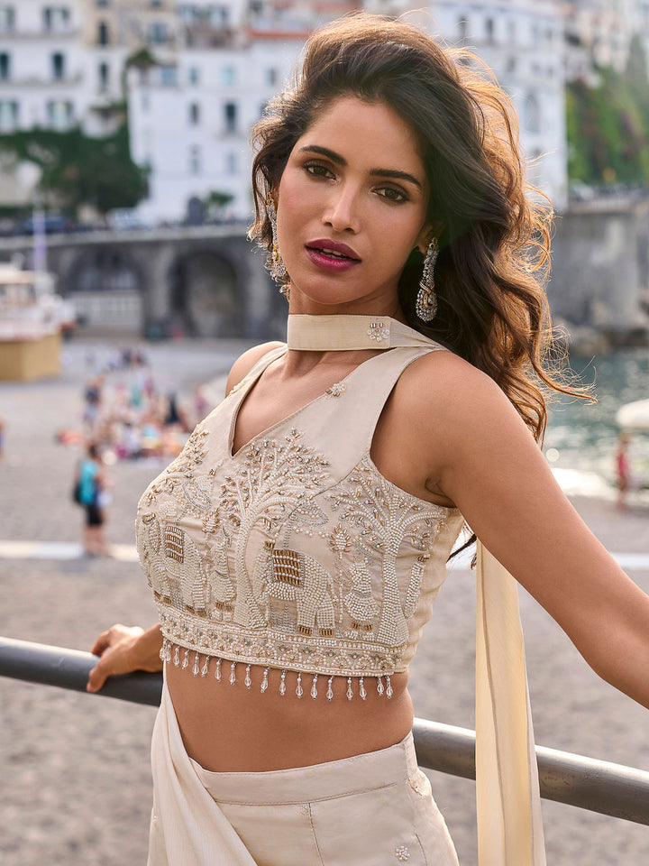 Beige Chinon Embroidered Flared Wide-Leg Palazzo With Crop Blouse &amp; Dupatta