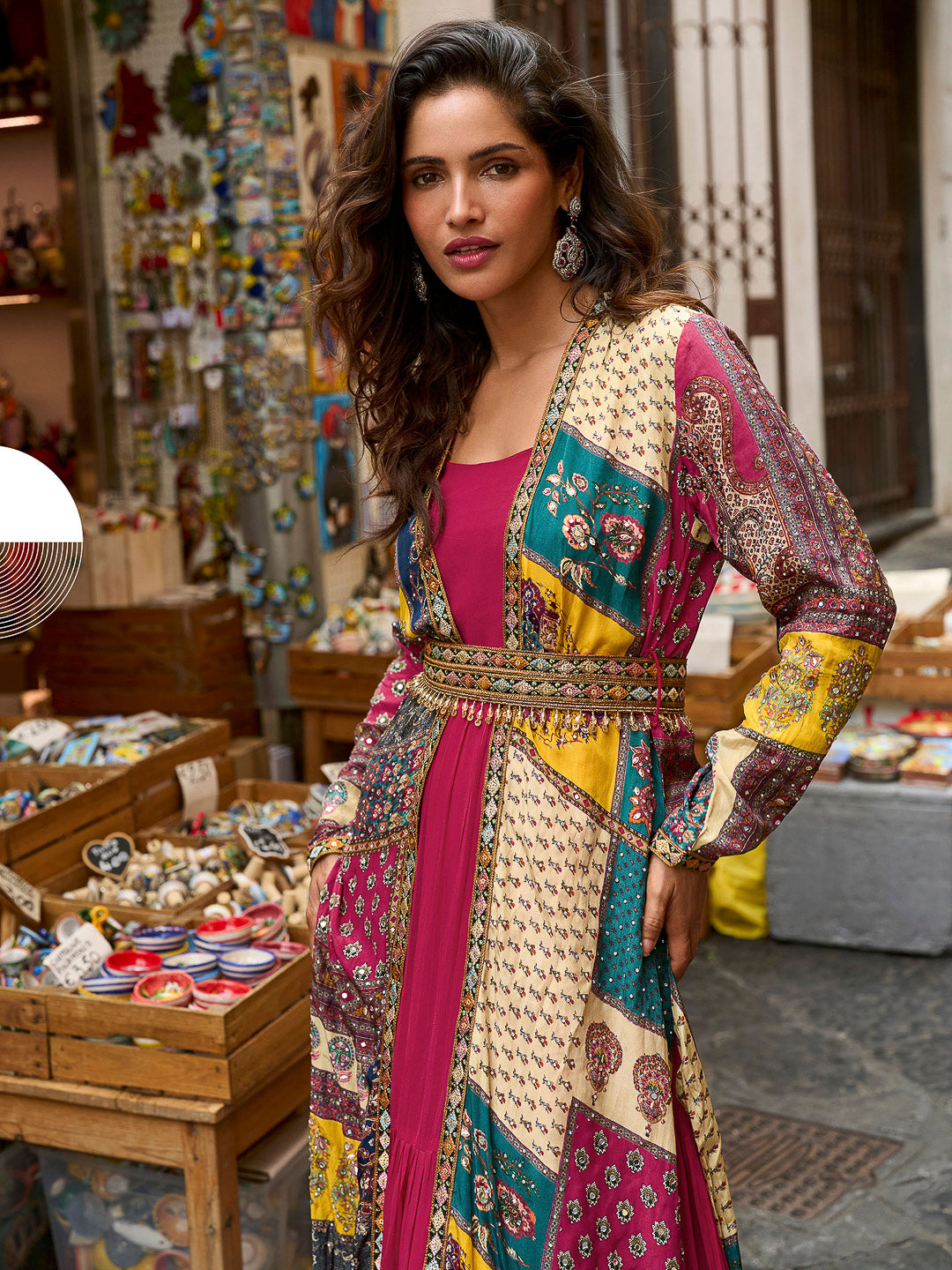 Fuschia Pink Crepe Printed Indo-Western Fusion Set ( Inner Gown with Long Front-Open Shrug)