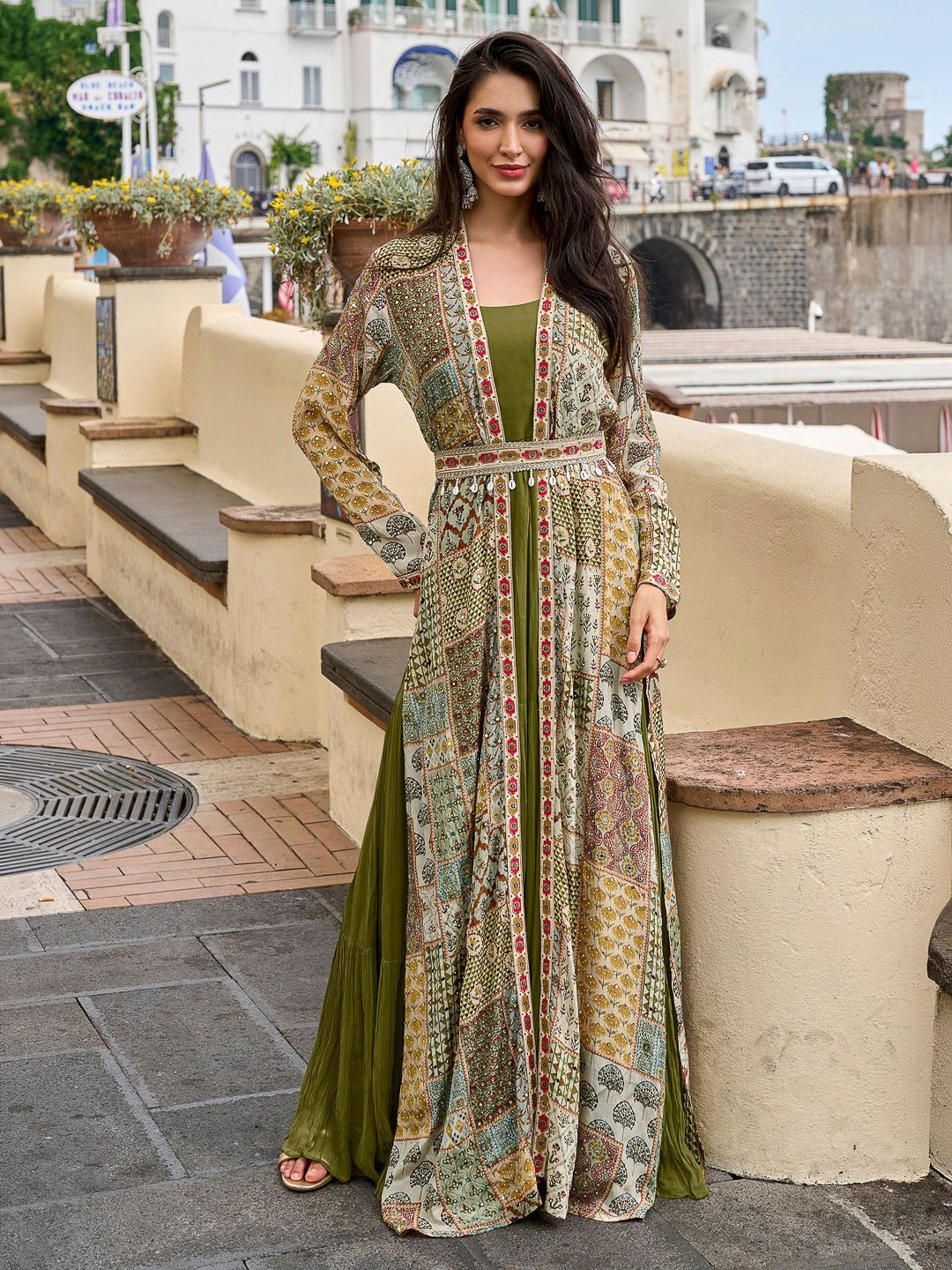 Olive Green Crepe Printed Indo-Western Fusion Set ( Inner Gown with Long Front-Open Shrug)