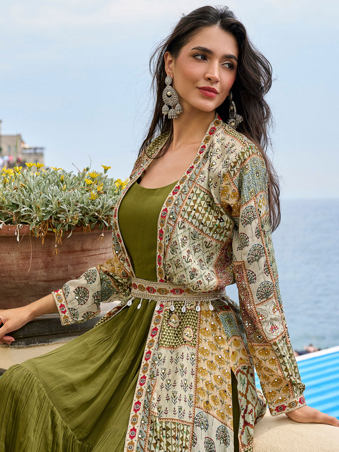 Olive Green Crepe Printed Indo-Western Fusion Set ( Inner Gown with Long Front-Open Shrug)