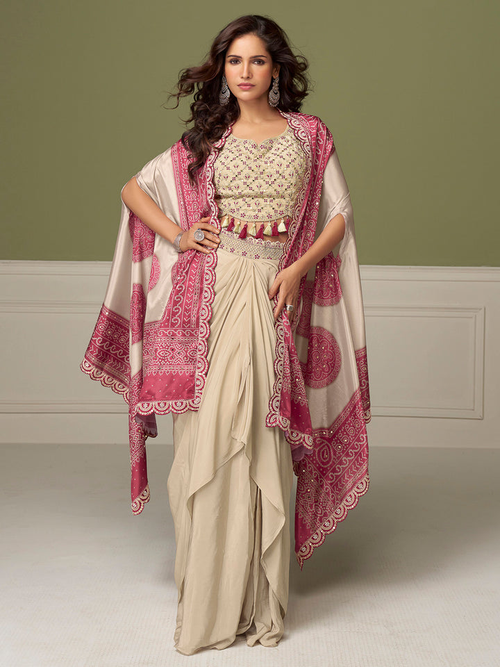 Cream Chinon Embroidered Cropped Choli With Drapped Skirt Style Dhoti &amp; Jacket