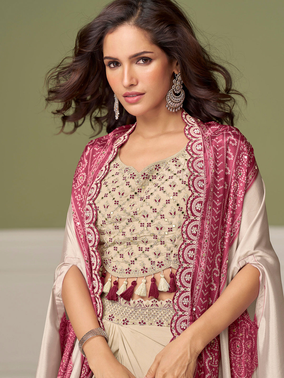 Cream Chinon Embroidered Cropped Choli With Drapped Skirt Style Dhoti &amp; Jacket