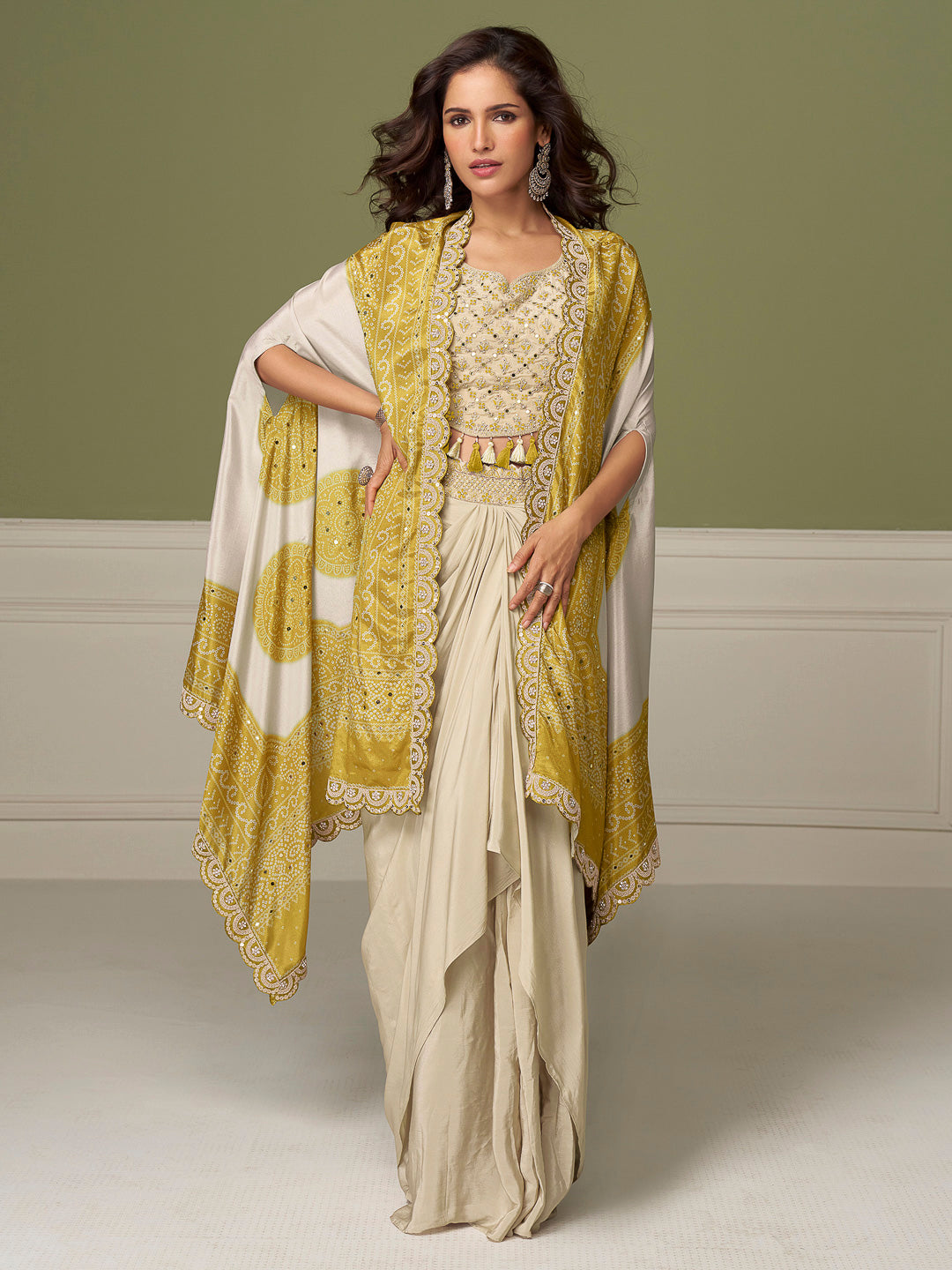 Cream Chinon Embroidered Cropped Choli With Drapped Skirt Style Dhoti &amp; Jacket