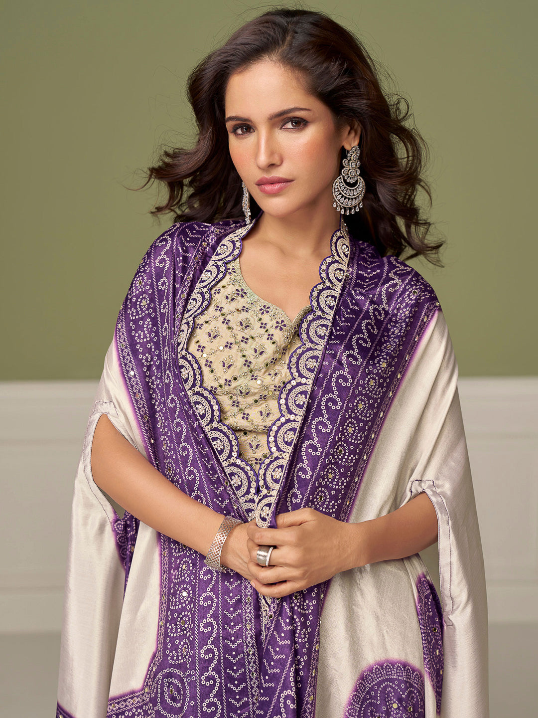 Cream Chinon Embroidered Cropped Choli With Drapped Skirt Style Dhoti &amp; Jacket