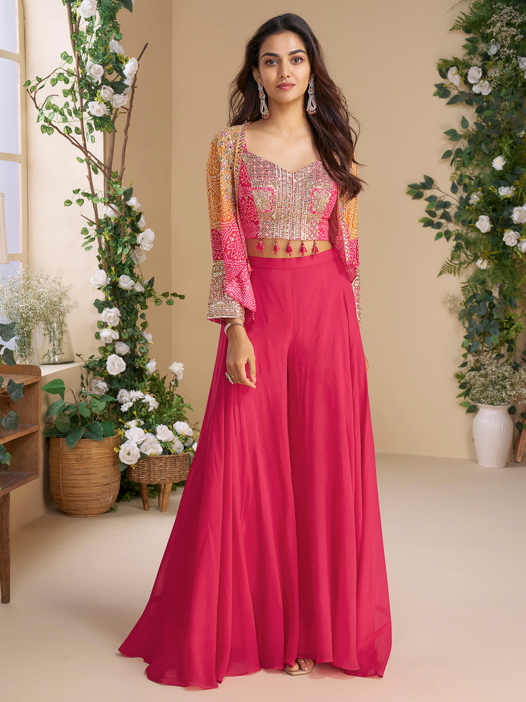 Pink Chinon Embroidered Blouse With Palazzo &amp; Jacket