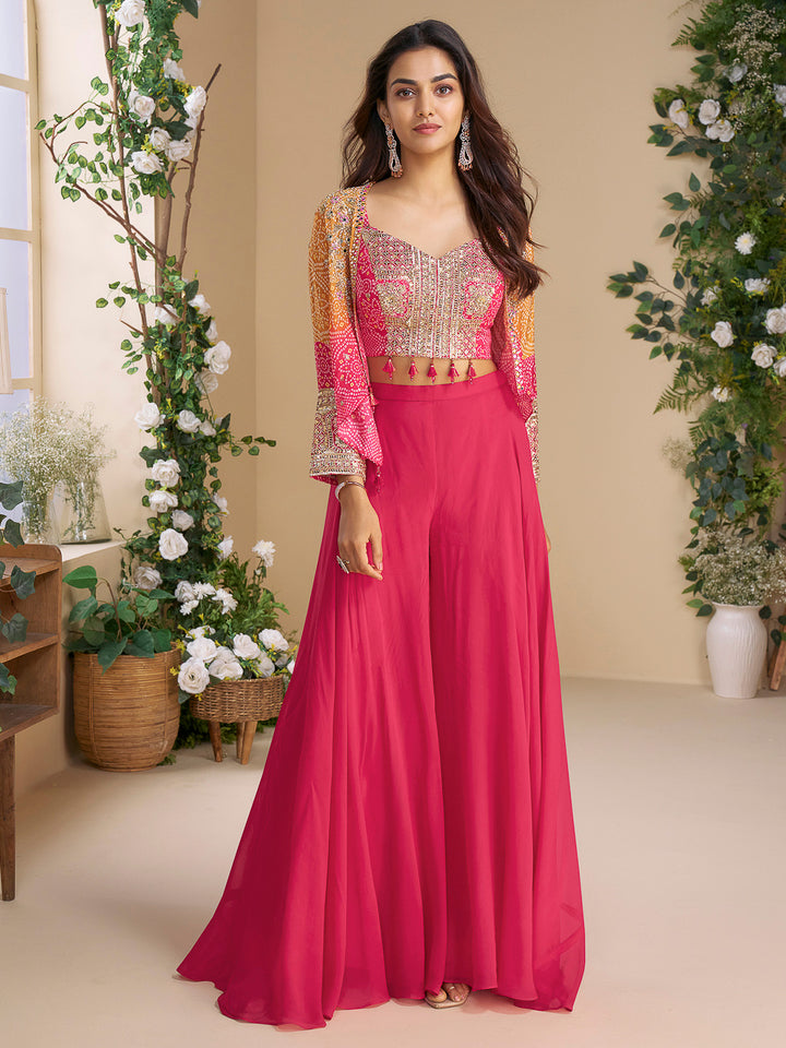 Pink Chinon Embroidered Blouse With Palazzo &amp; Jacket