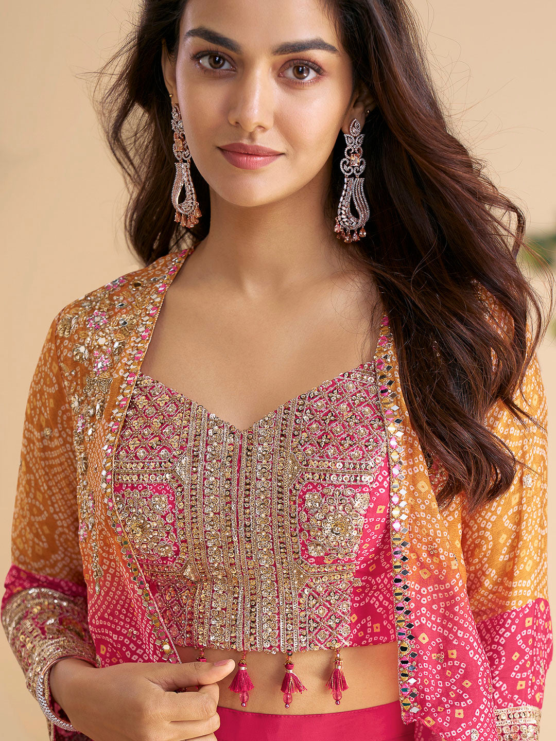 Pink Chinon Embroidered Blouse With Palazzo &amp; Jacket