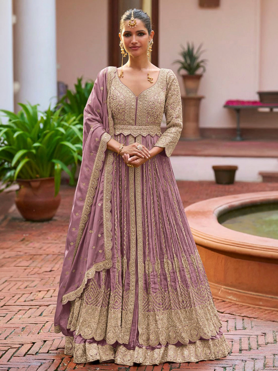 Lavender Chinon Embroidered Anarkali Gown With Dupatta