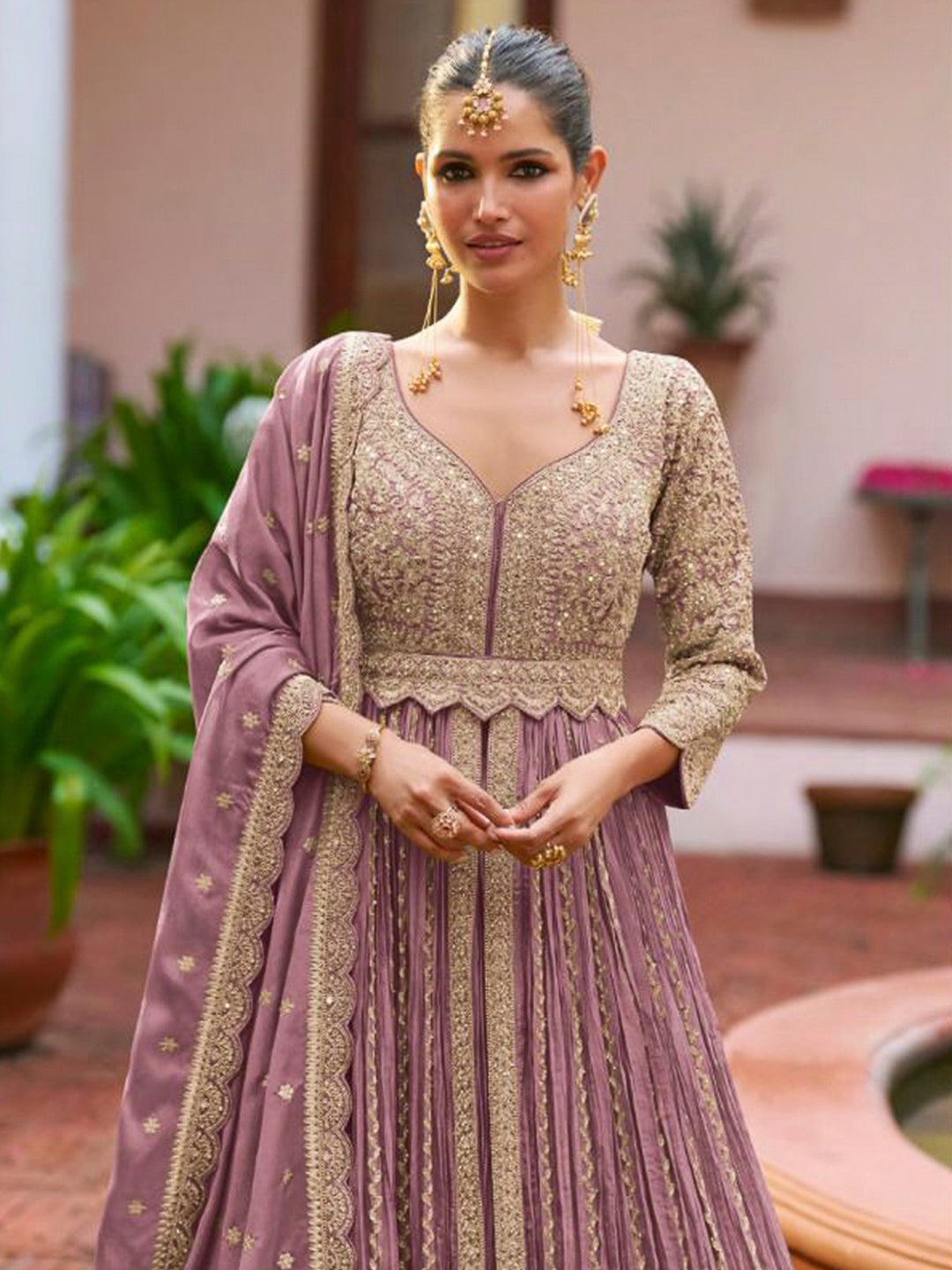 Lavender Chinon Embroidered Anarkali Gown With Dupatta