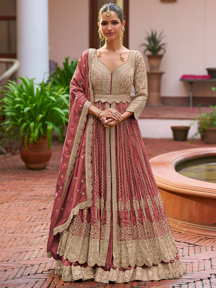 Rose Chinon Embroidered Anarkali Gown With Dupatta