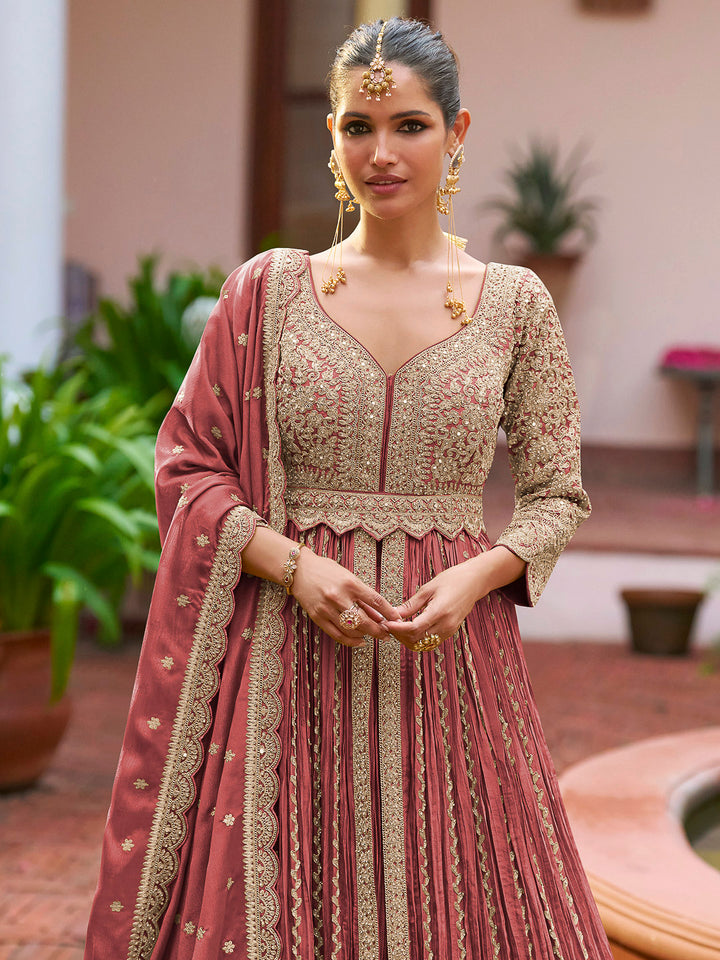 Rose Chinon Embroidered Anarkali Gown With Dupatta