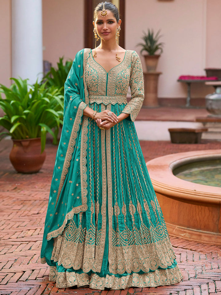 Teal Blue Chinon Embroidered Anarkali Gown With Dupatta