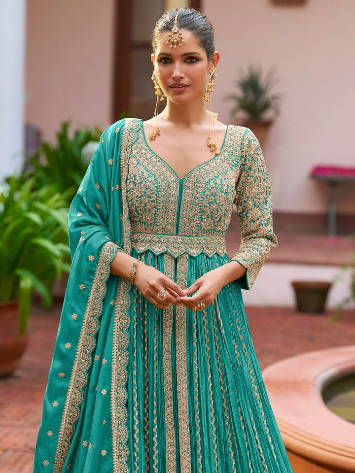 Teal Blue Chinon Embroidered Anarkali Gown With Dupatta