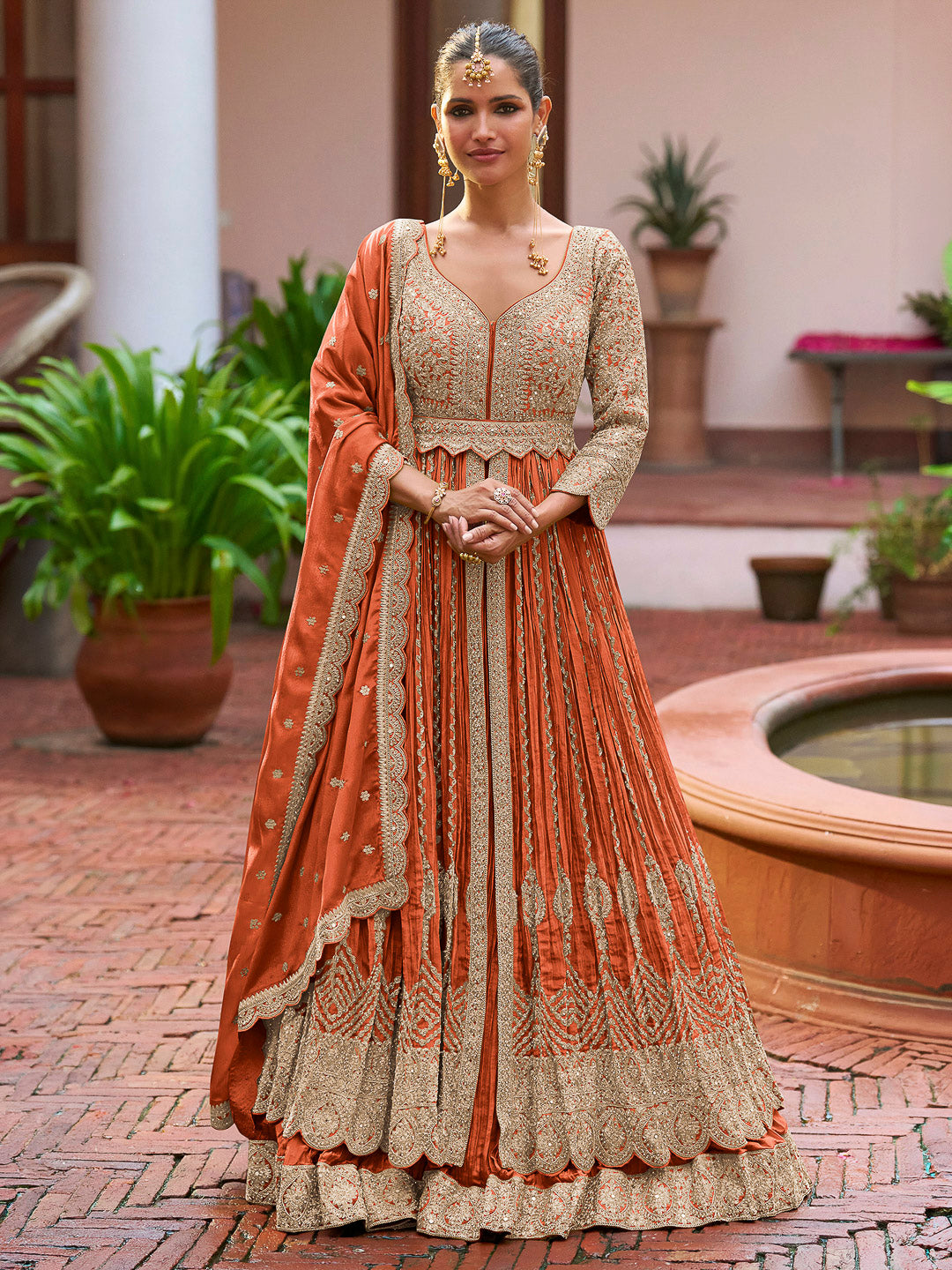 Orange Chinon Embroidered Anarkali Gown With Dupatta