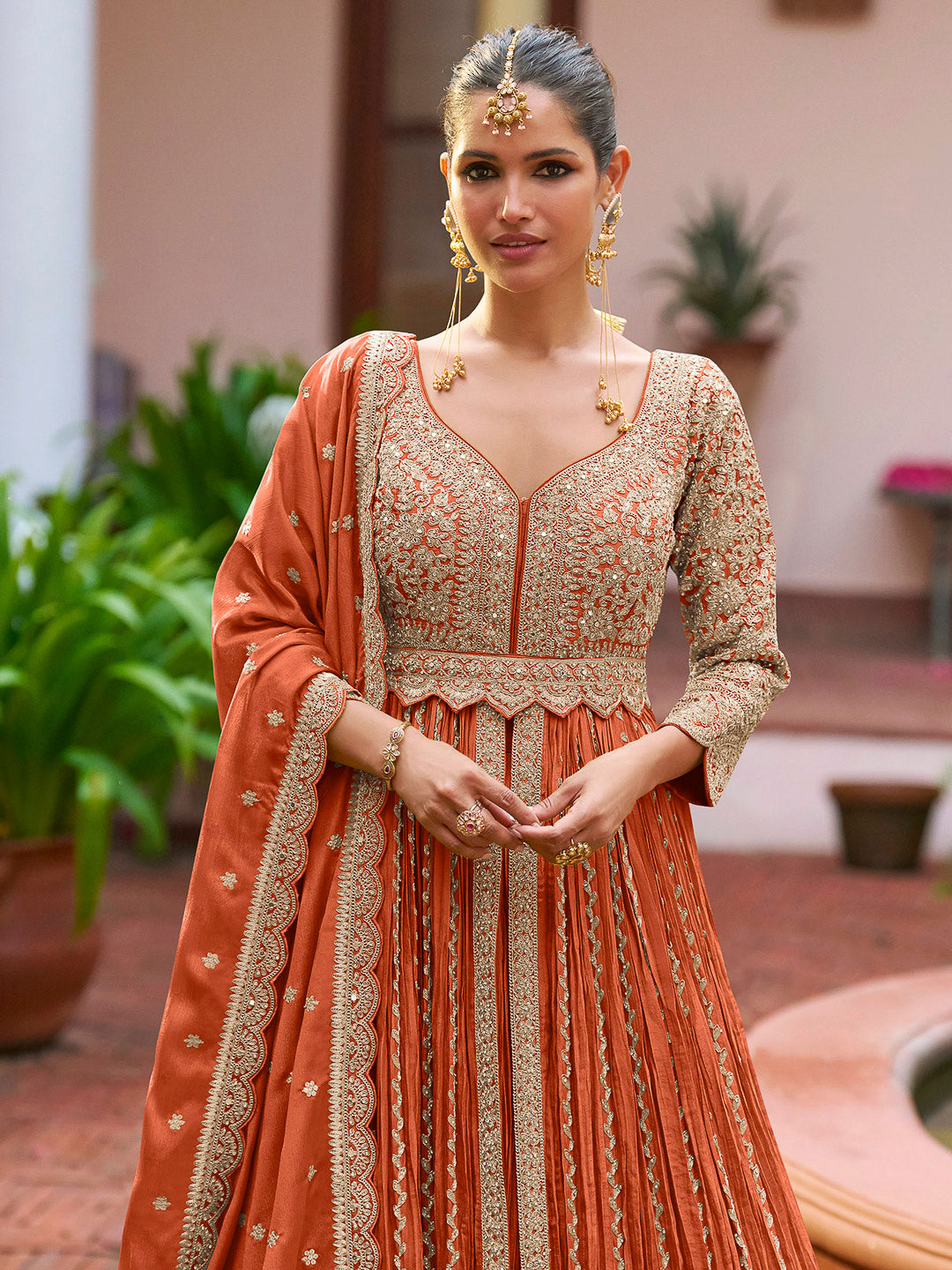 Orange Chinon Embroidered Anarkali Gown With Dupatta