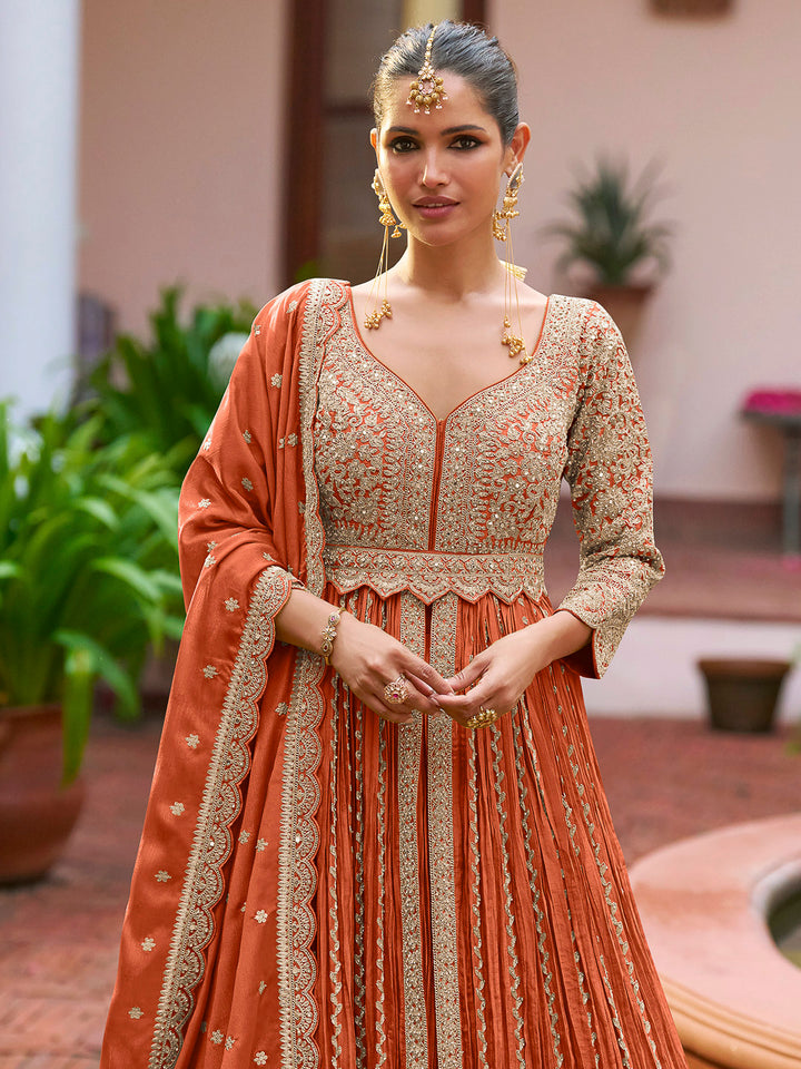 Orange Chinon Embroidered Anarkali Gown With Dupatta