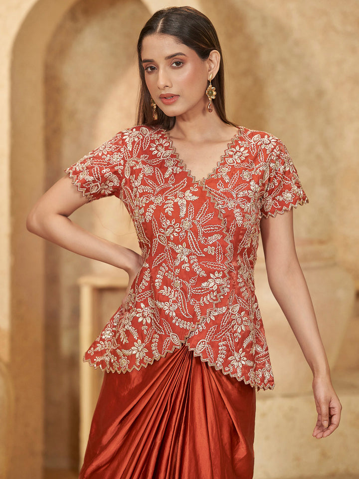 Orange Satin Embroidered Crop Top With Drapped Skirt Style Dhoti