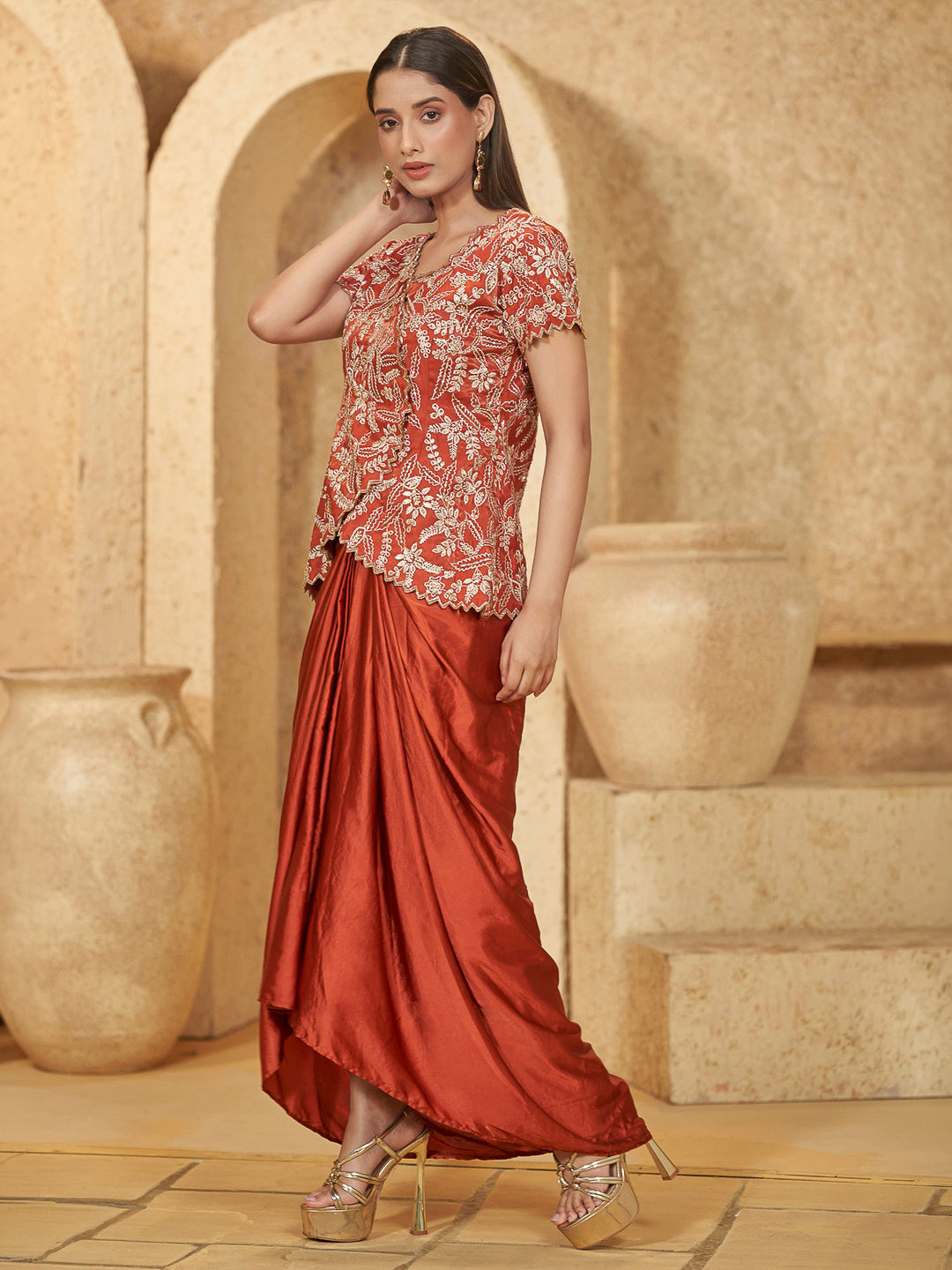 Orange Satin Embroidered Crop Top With Drapped Skirt Style Dhoti