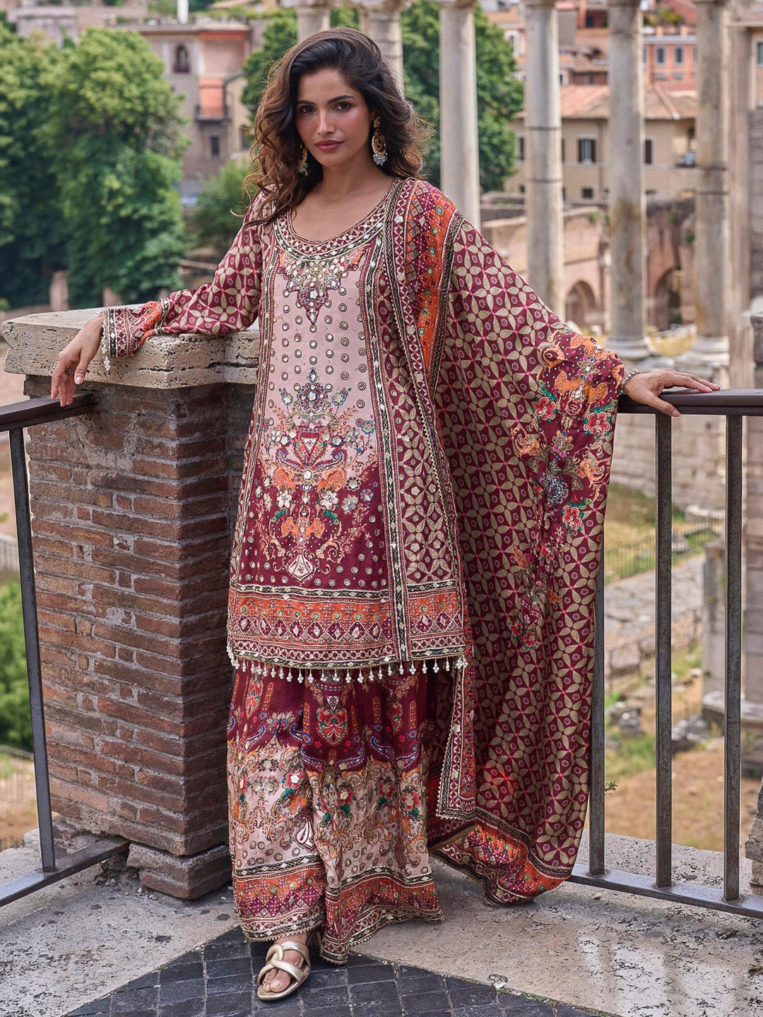 Multi-Colored Crepe Embroidered Short Kurta With Palazzo &amp; Dupatta