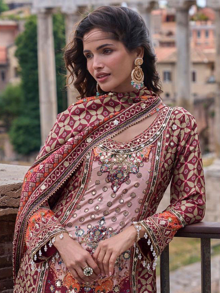 Multi-Colored Crepe Embroidered Short Kurta With Palazzo &amp; Dupatta
