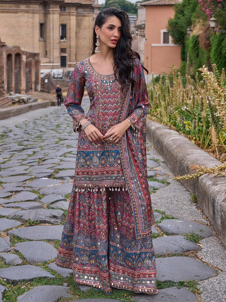 Multi-Colored Crepe Embroidered Short Kurta With Palazzo &amp; Dupatta
