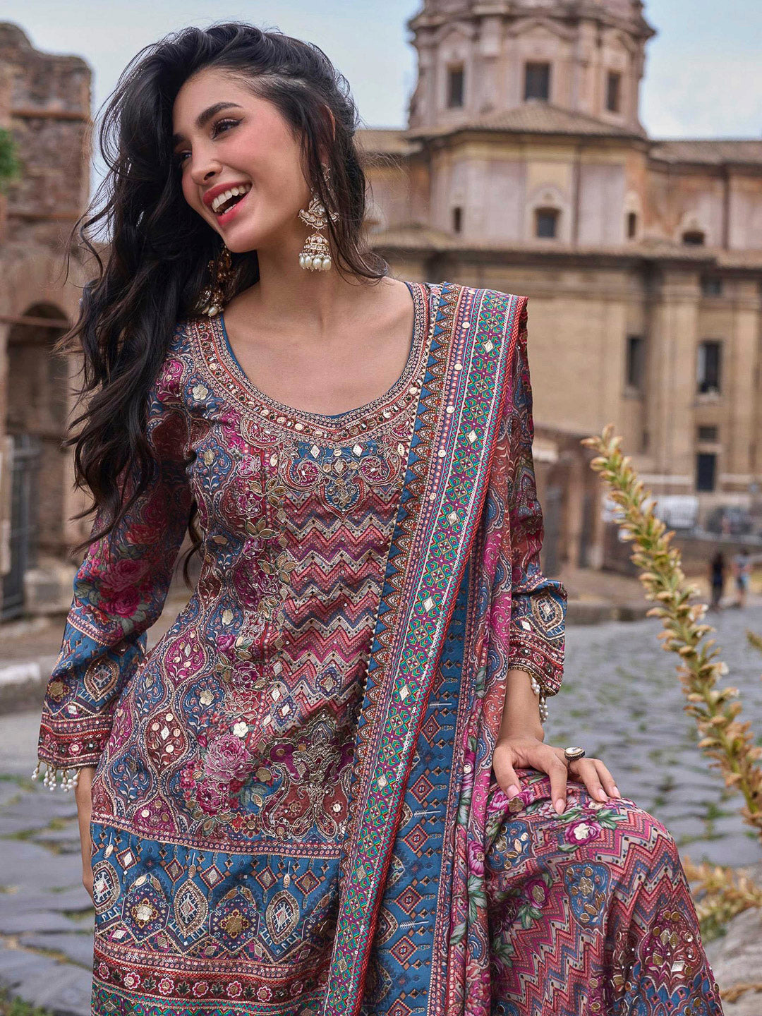Multi-Colored Crepe Embroidered Short Kurta With Palazzo &amp; Dupatta