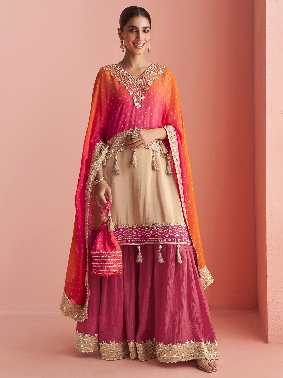 Multi-Colored Art Silk Embroidered short kurti With Sharara Pant &amp; Jacket