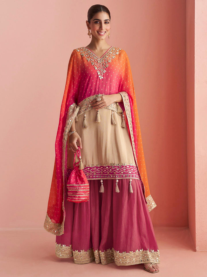 Multi-Colored Art Silk Embroidered short kurti With Sharara Pant &amp; Jacket