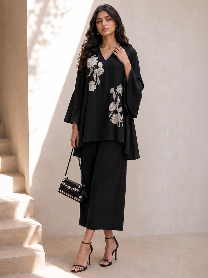 Black Crepe Embroidered Indo Western Tunic With Palazzo