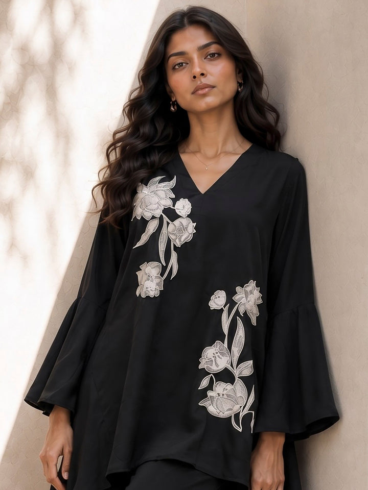 Black Crepe Embroidered Indo Western Tunic With Palazzo