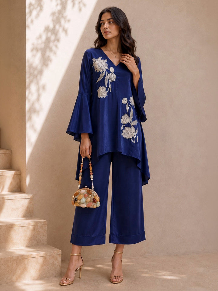 Blue Crepe Embroidered Indo Western Tunic With Palazzo