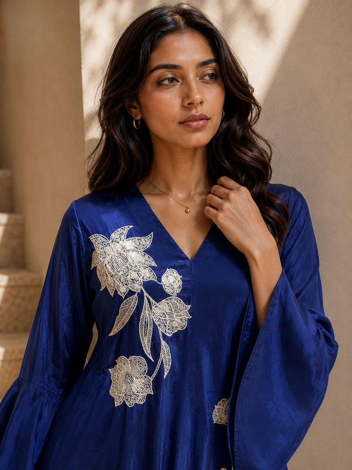 Blue Crepe Embroidered Indo Western Tunic With Palazzo