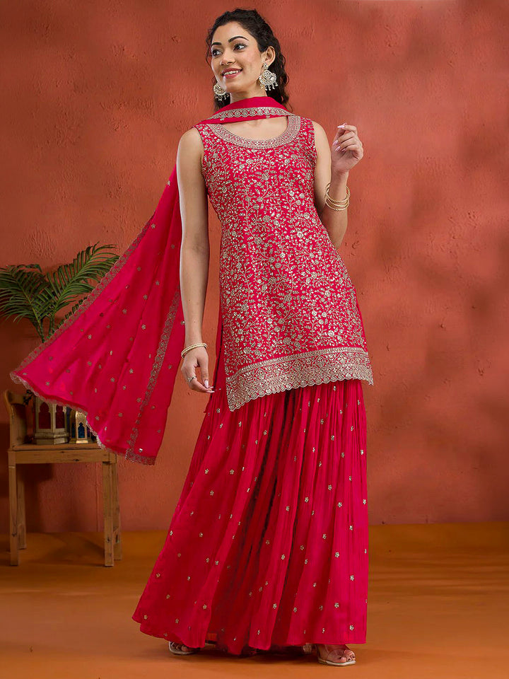 Red Georgette Embroidered Short Kurti With Flared Palazzo &amp; Dupatta