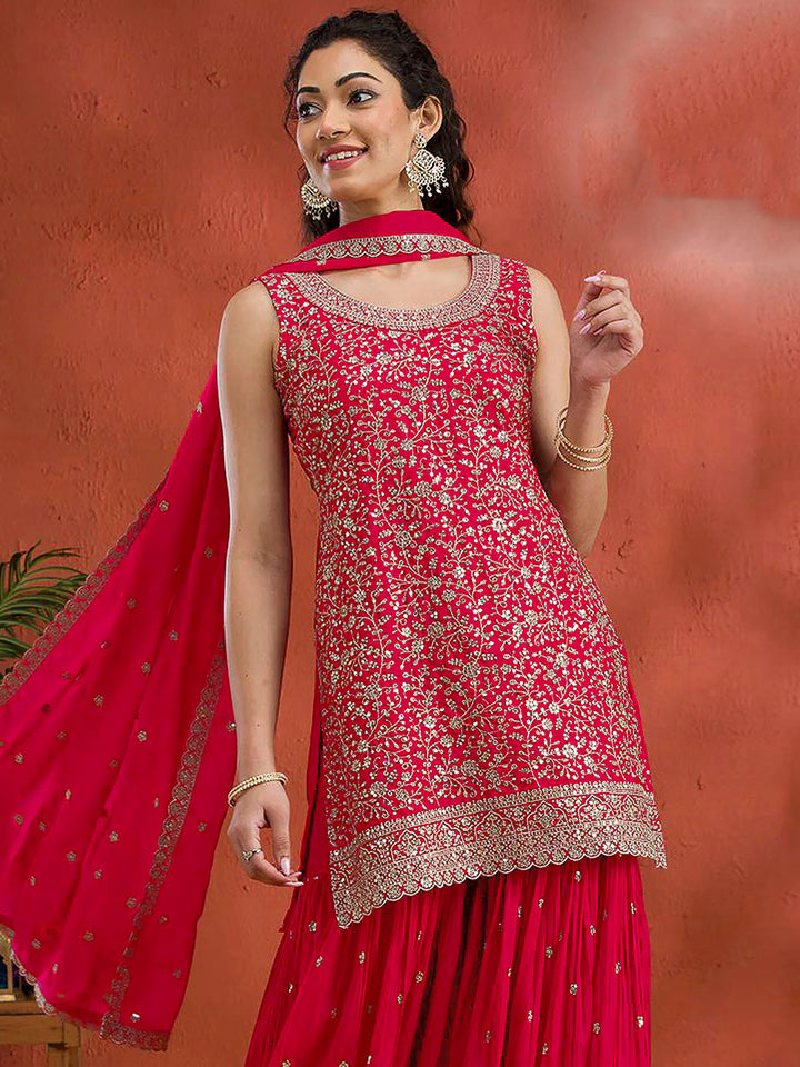 Red Georgette Embroidered Short Kurti With Flared Palazzo &amp; Dupatta
