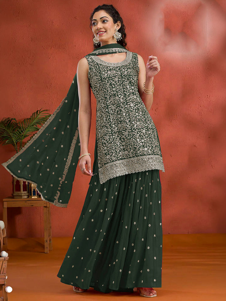 Green Georgette Embroidered Short Kurti With Flared Palazzo &amp; Dupatta