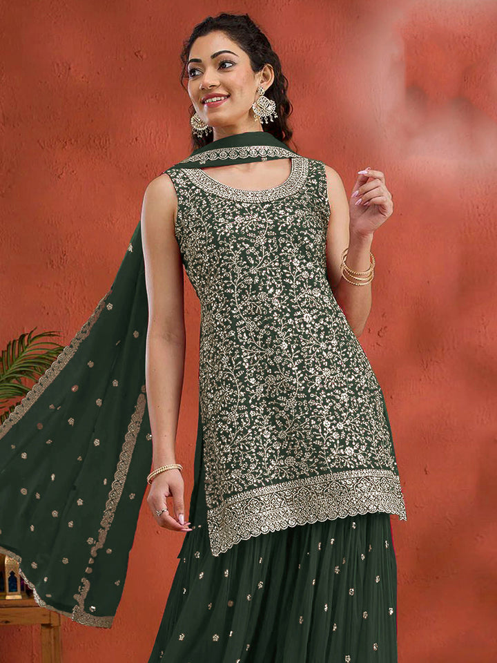 Green Georgette Embroidered Short Kurti With Flared Palazzo &amp; Dupatta
