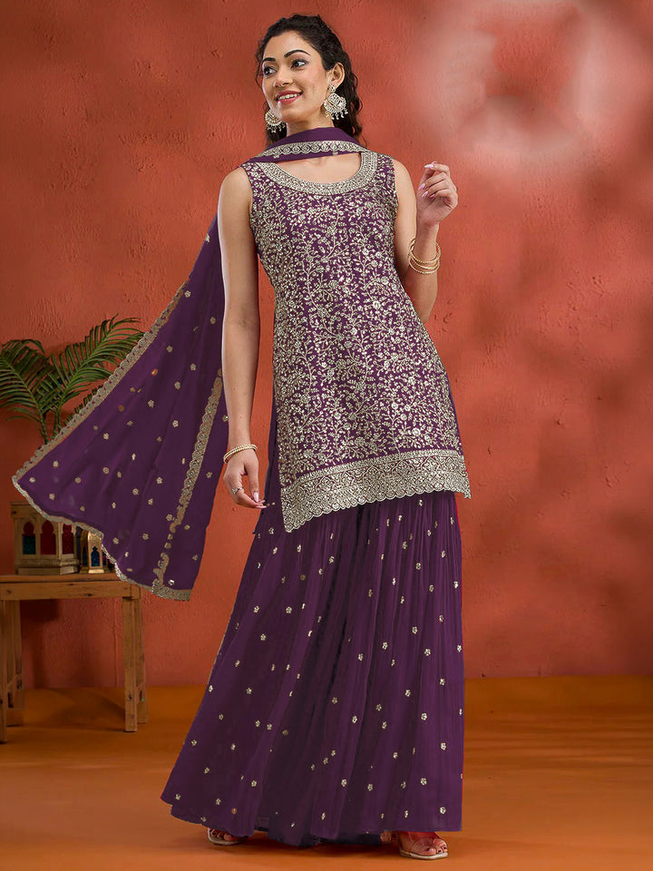 Purple Georgette Embroidered Short Kurti With Flared Palazzo &amp; Dupatta