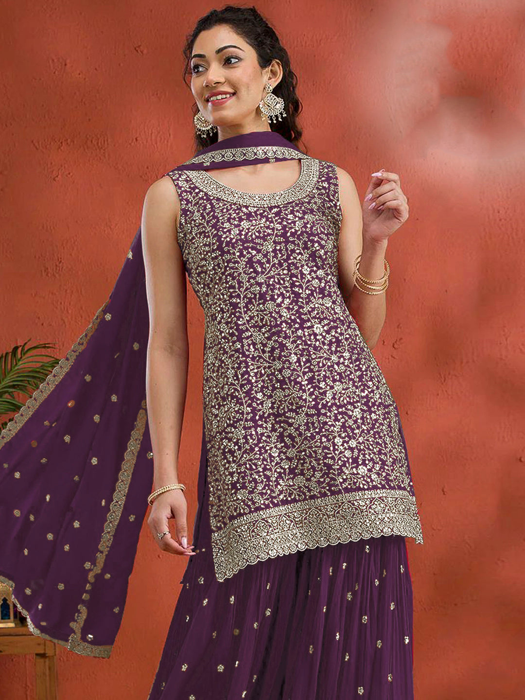 Purple Georgette Embroidered Short Kurti With Flared Palazzo &amp; Dupatta