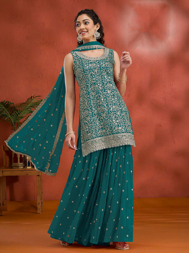Blue Georgette Embroidered Short Kurti With Flared Palazzo &amp; Dupatta